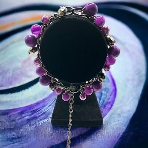 Purple Silver Beaded Steel Gray 10 1/8 Inch Bracelet!